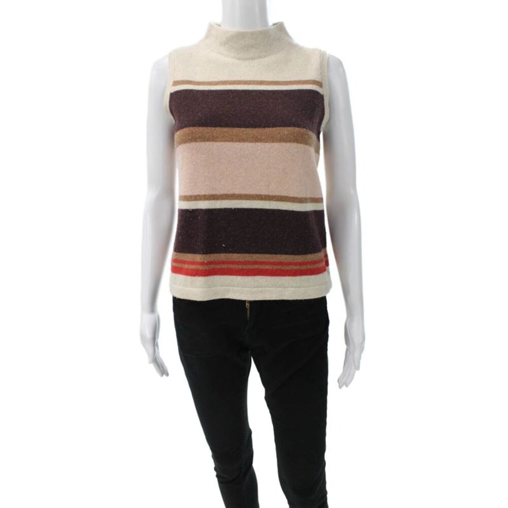 Margaret OLeary Womens Merino Wool Striped Mock Neck Sweater Vest Beige Size S
